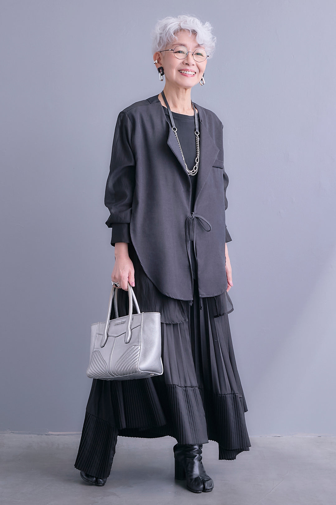 【SET】シアーシャツドッキングジャケット+アシンメトリーロンT+アシンメトリープリーツスカート(3set)