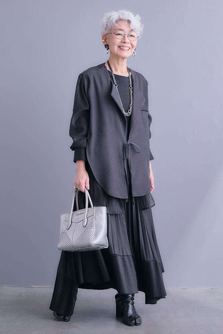 【SET】シアーシャツドッキングジャケット+アシンメトリーロンT+アシンメトリープリーツスカート(3set)