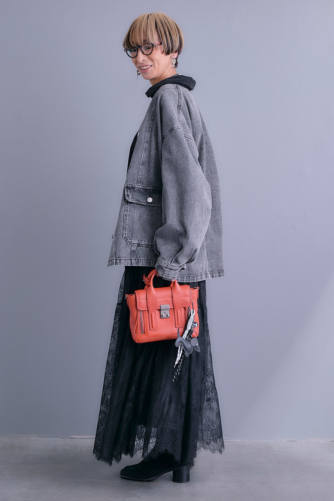 【SET】コーデュロイカラー10ozデニムジャケット+アシンメトリーロンT+アイラッシュレースロングスカート(3set)