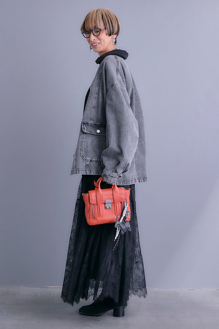 【SET】コーデュロイカラー10ozデニムジャケット+アシンメトリーロンT+アイラッシュレースロングスカート(3set)