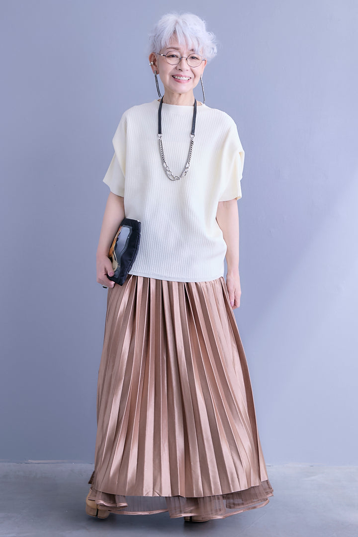 【SET】アップスリーブニットプルオーバー+2WAYラメサテンプリーツ×シアーティアードチュールスカート(2set)