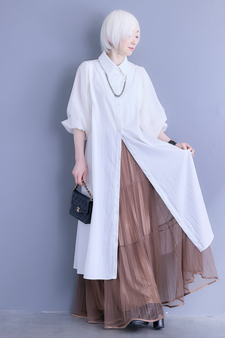 【SET】バルーンスリーブシャツワンピース+2WAYラメサテンプリーツ×シアーティアードチュールスカート(2set)