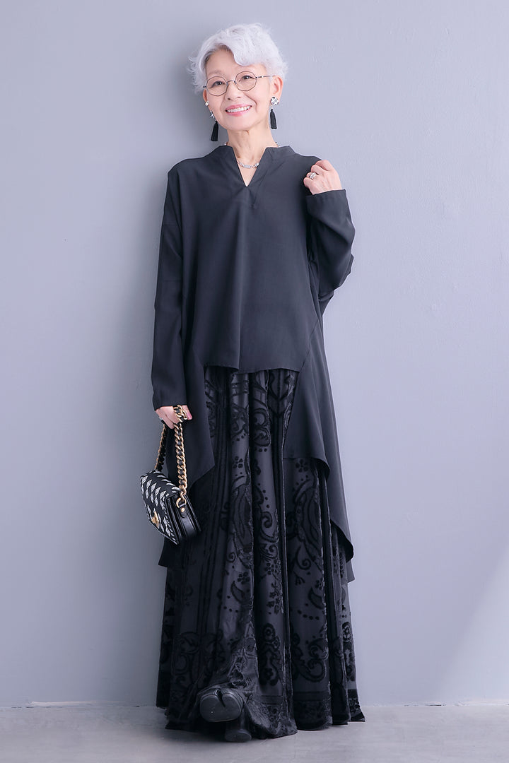 【SET】スキッパーアシメロングテールブラウス+フロッキージャガードチュールロングスカート(2set)