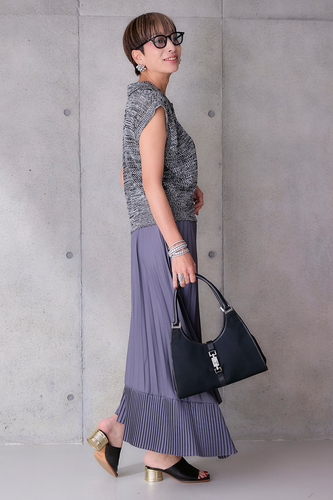 【SET】リネンライクメッシュニット+アシンメトリープリーツスカート(2set)