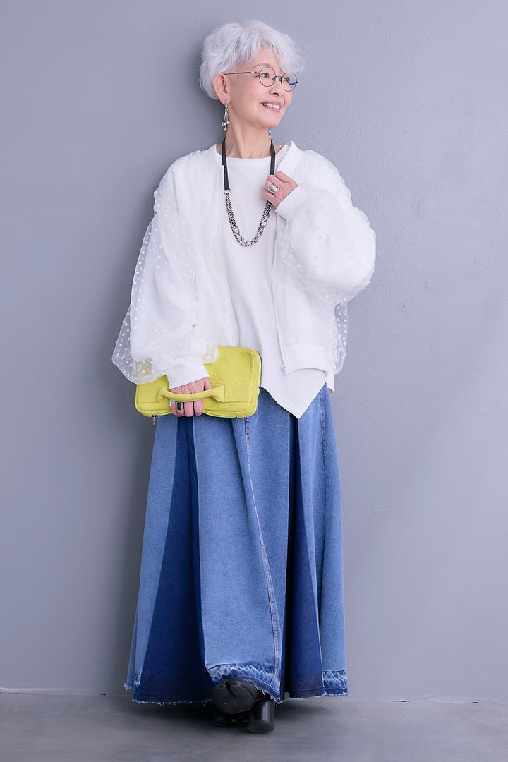 【SET】フロッキードットチュールレイヤードブルゾン+アシンメトリーロンT+プリーツタックデニムスカート(3set)