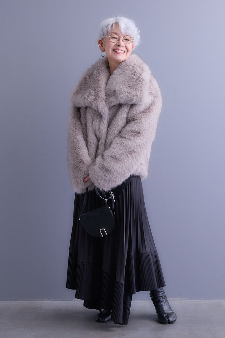 【SET】アシンメトリーロンT+オーバーカラーファーコート+アシンメトリープリーツスカート(3set)