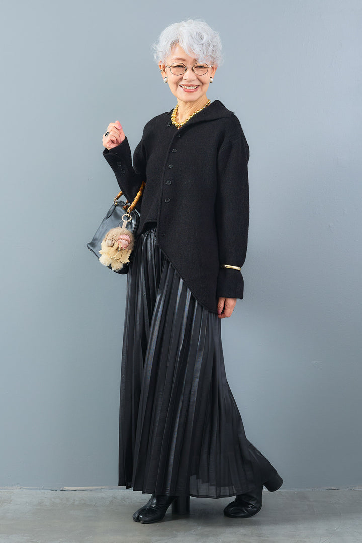 【SET】アシメハイネックボタンニット+レザーライクプリーツスカート(2set)