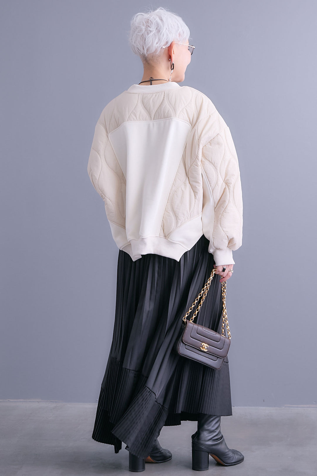 【SET】キルティングドッキングデザインプルオーバー+アシンメトリープリーツスカート(2set)