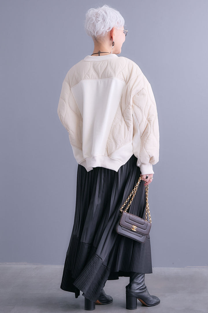 【SET】キルティングドッキングデザインプルオーバー+アシンメトリープリーツスカート(2set)