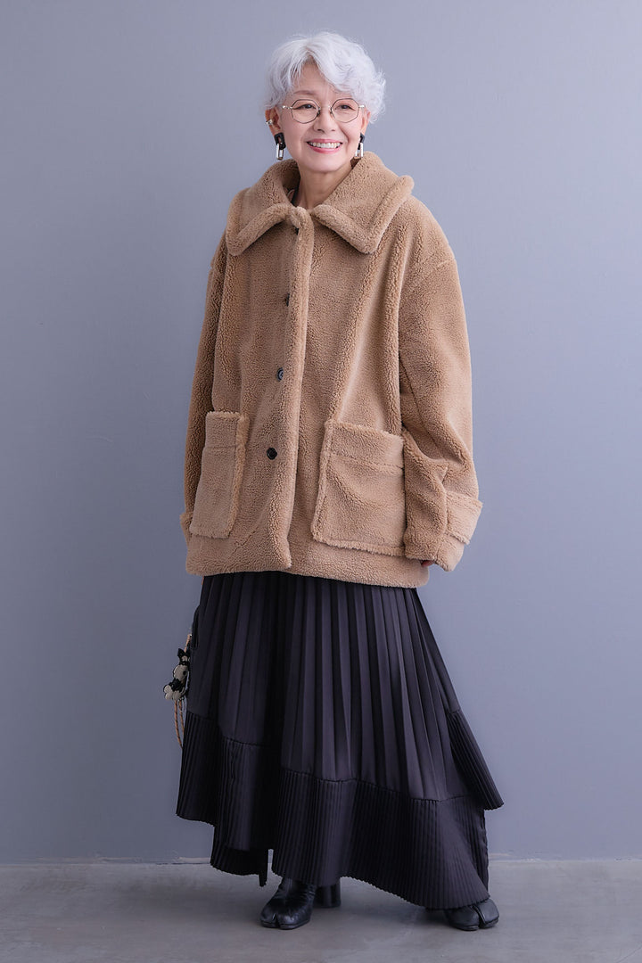 【SET】テディボアフラットカラーコート+アシンメトリープリーツスカート(2set)