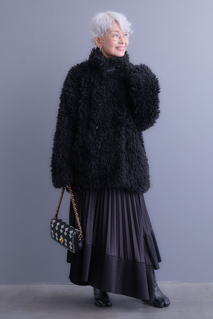 【SET】アシンメトリーロンT+プードルボア2WAYカラーコート+アシンメトリープリーツスカート(3set)