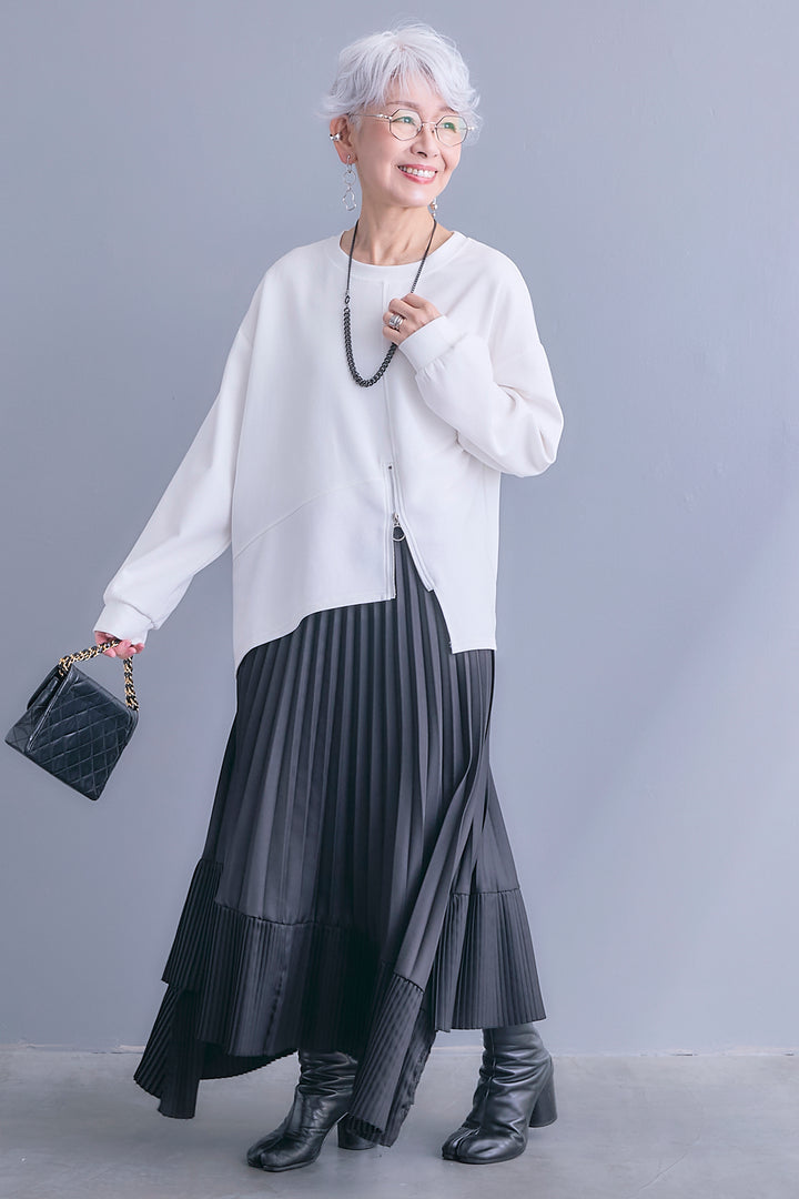【SET】アシメリングZIPデザインプルオーバー+アシンメトリープリーツスカート(2set)