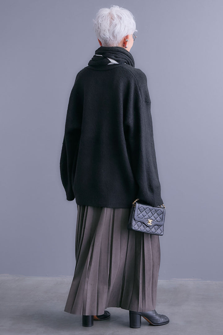 【SET】Vネックニットカーディガン&ストールSET+スエードロングプリーツスカート(2set)