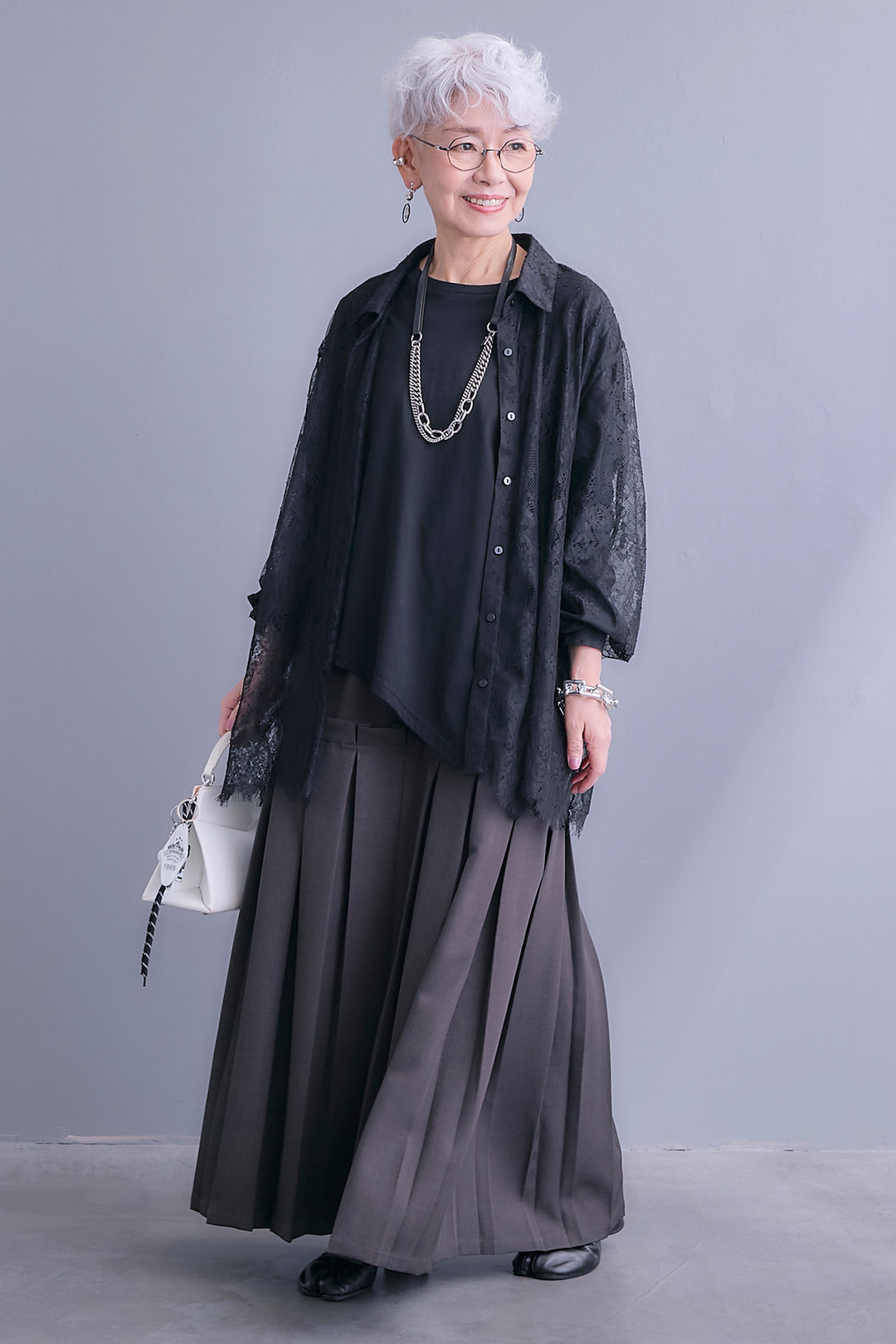 【SET】アイラッシュレースボリュームスリーブシャツ+アシンメトリーロンT+ボックスプリーツロングスカート(3set)