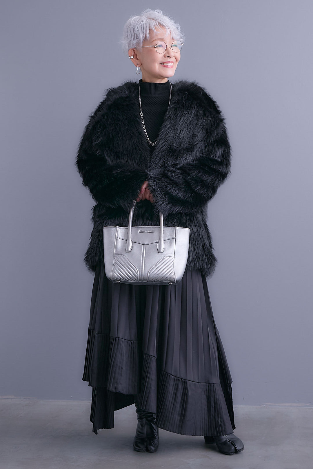 【SET】アシンメトリーオーバーニット+テーラードカラーファーコート+アシンメトリープリーツスカート(3set)