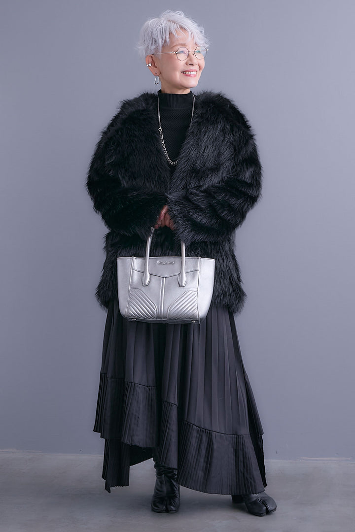 【SET】アシンメトリーオーバーニット+テーラードカラーファーコート+アシンメトリープリーツスカート(3set)