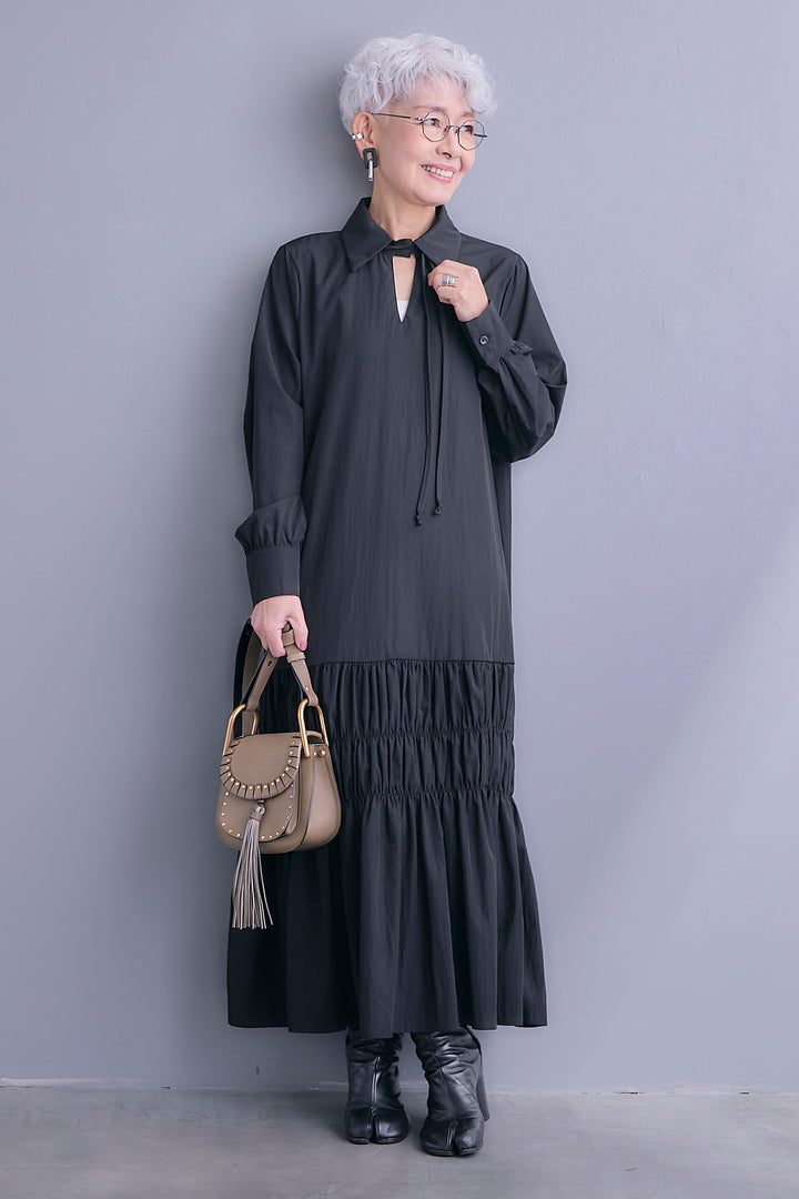 【予約】コードキーネックシャーリングデザインワンピース