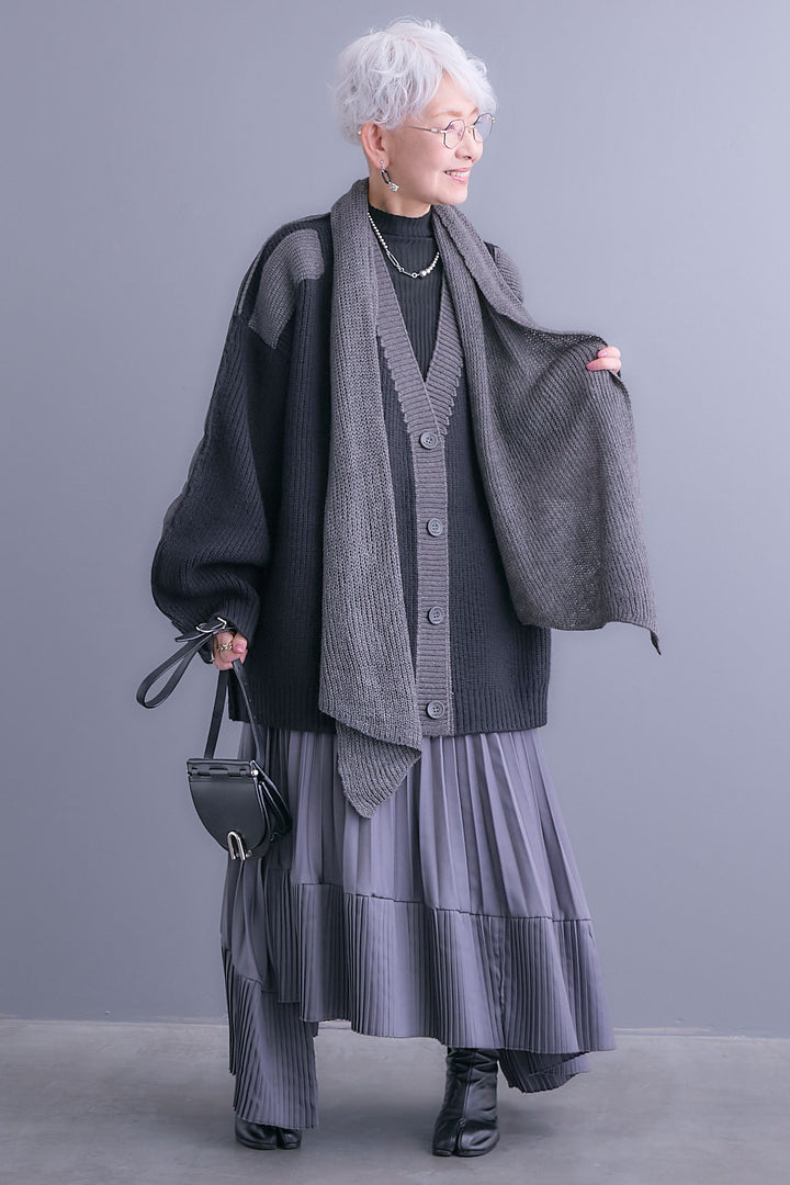 【SET】バックキルティングローゲージニットカーディガン【ストール付き】+アシンメトリープリーツスカート(2set)