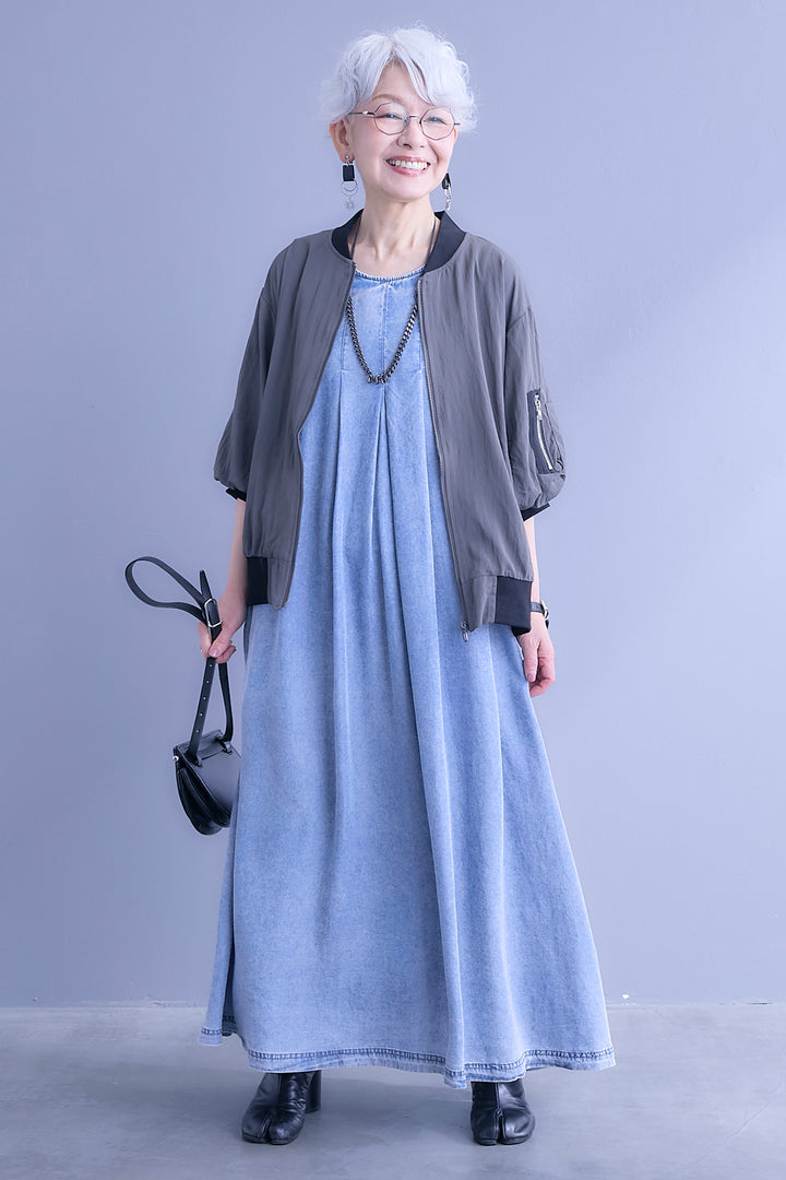 【SET】バルーンハーフスリーブMA-1ジャケット+パウダーシルクヴィンテージデニムワンピース(2set)