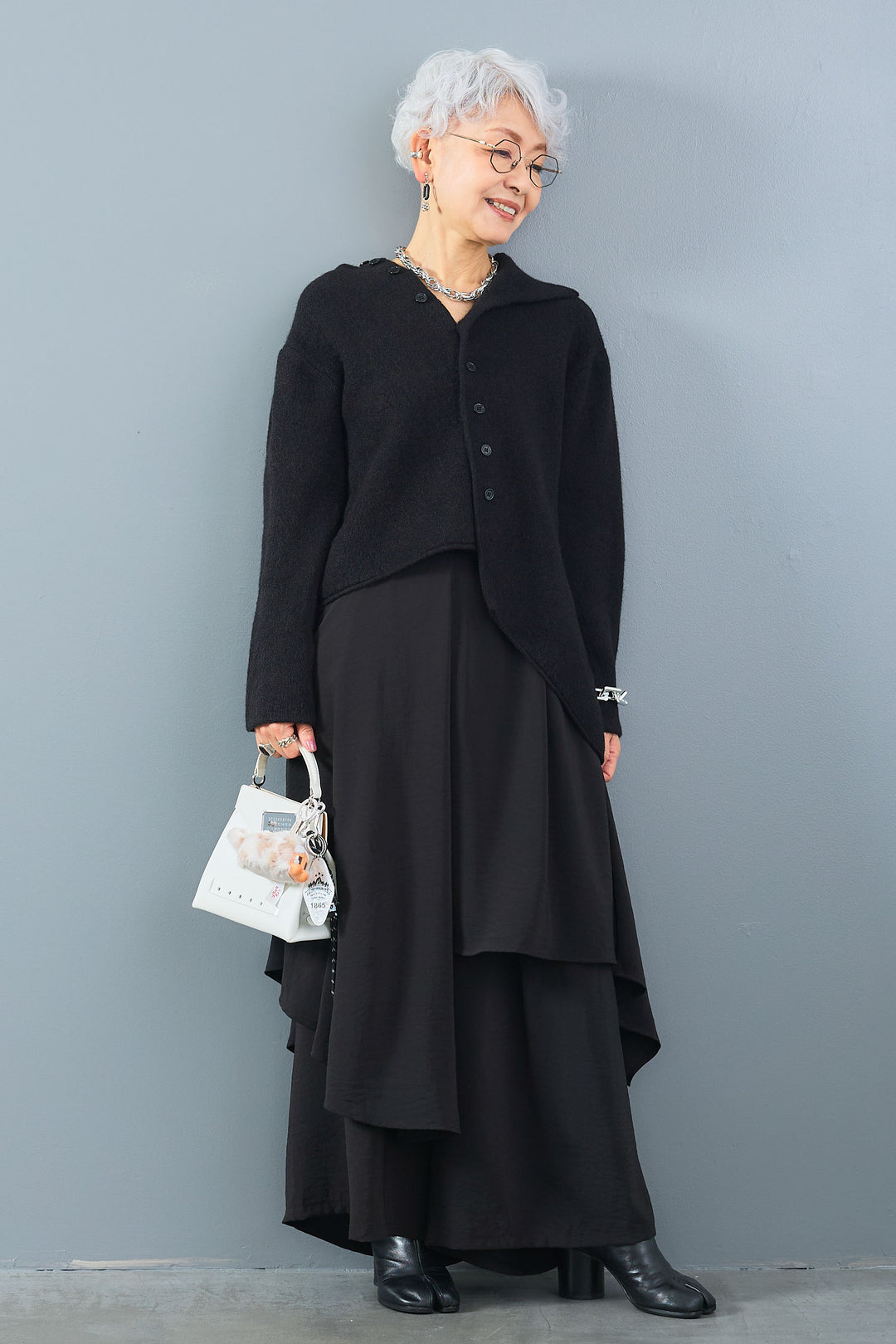 【SET】アシメハイネックボタンニット+アシメレイヤードワイドパンツ(2set)