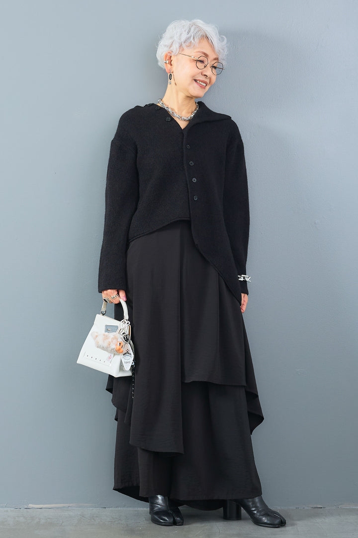 【SET】アシメハイネックボタンニット+アシメレイヤードワイドパンツ(2set)