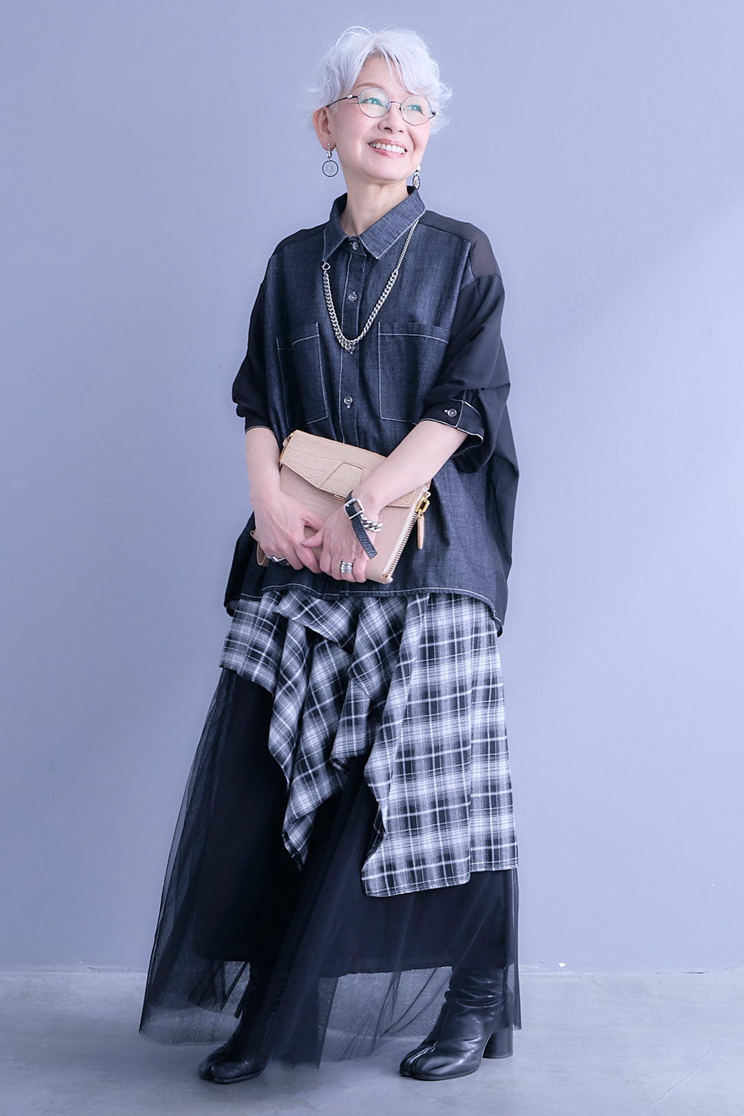 【SET】デニム×シフォンパフスリーブシャツ+チェックスカーフドッキングチュールスカート(2set)