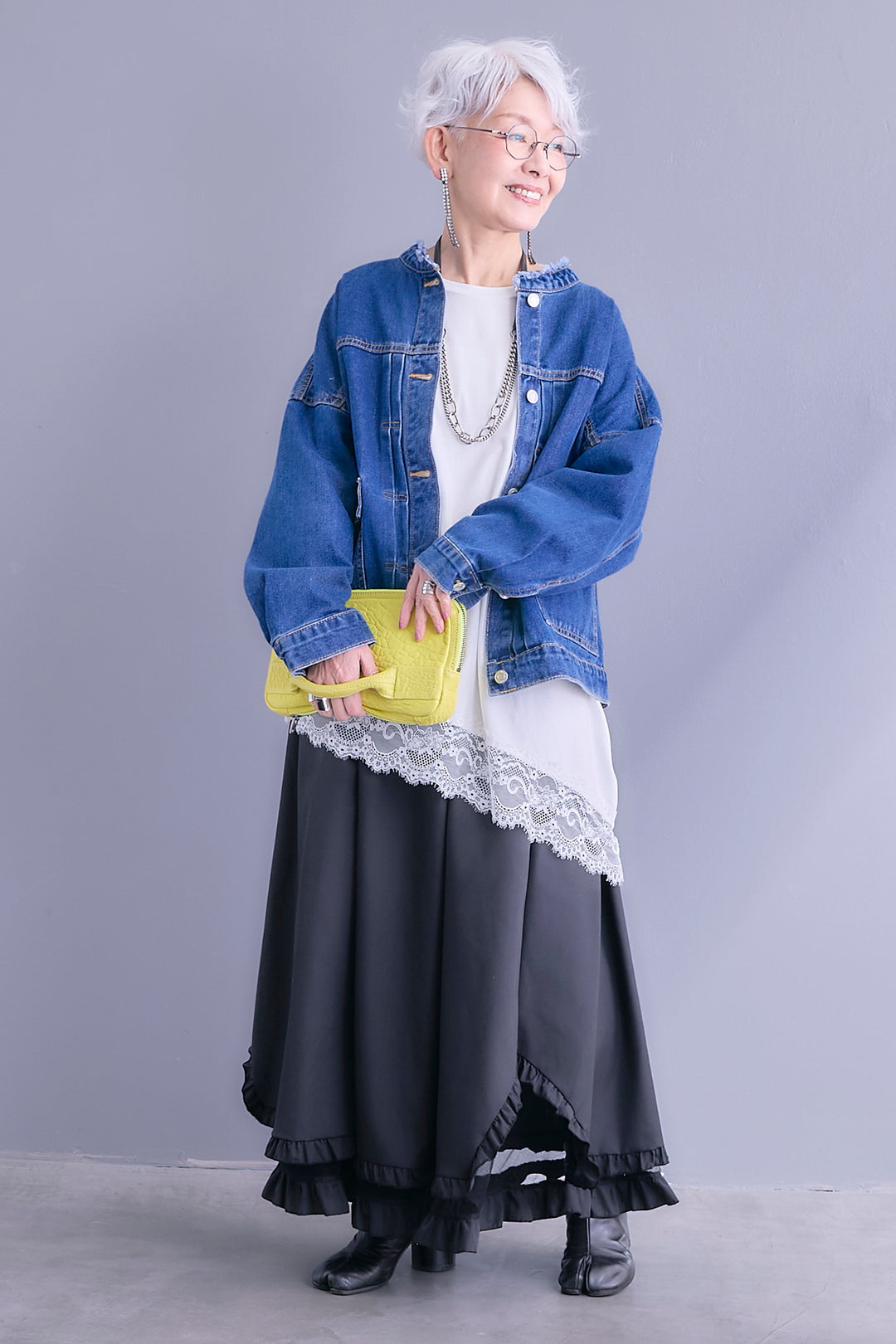 【SET】ノーカラーオーバーサイズデニムジャケット+ヘムレースアシメロンT+ヘムチュールレイヤードフリルスカート(3set)