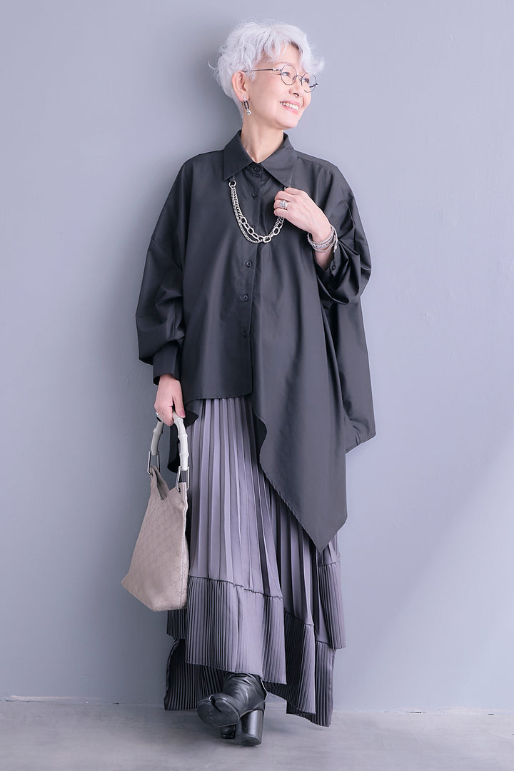 【SET】アシンメトリーロングシャツ+アシンメトリープリーツスカート(2set)