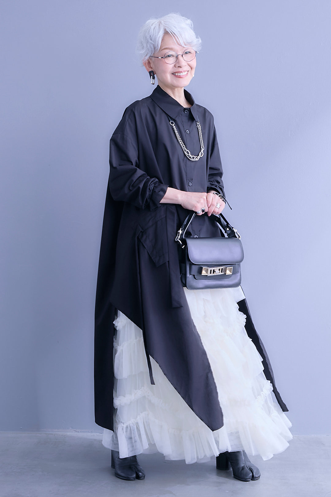 【SET】ロングテールアシメカットデザインシャツ+ペタルティアードチュールスカート(2set)