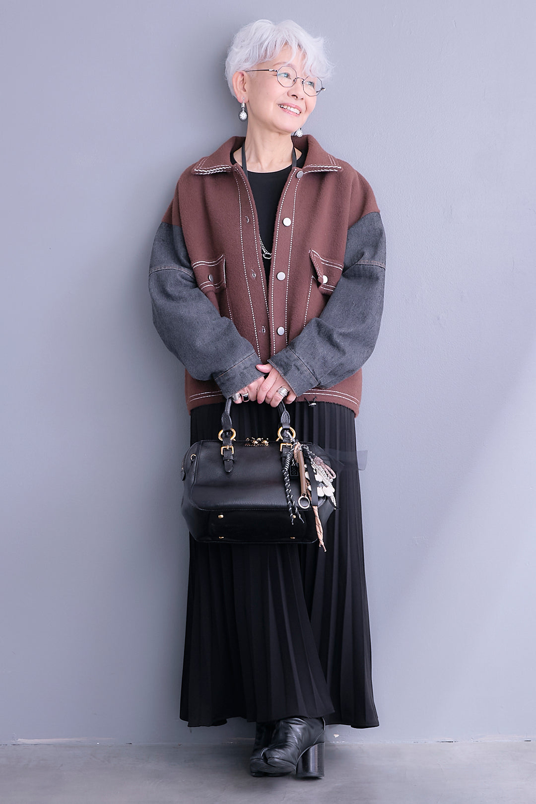 【SET】ステッチニット×デニムスリーブジャケット+プリーツストレッチロングワンピース(2set)