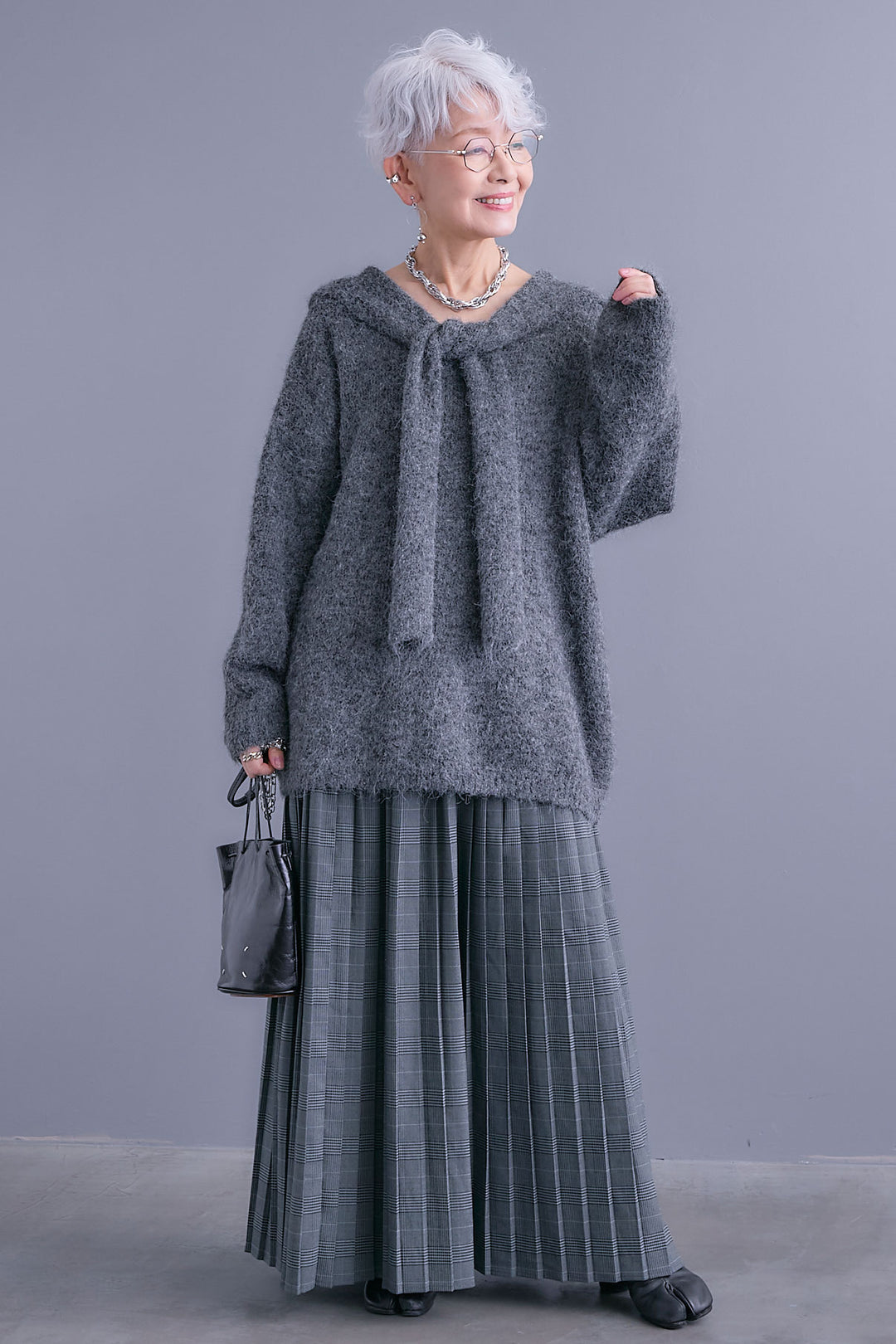 【SET】カーデケープVネックニット+グレンチェックプリーツスカート(2set)