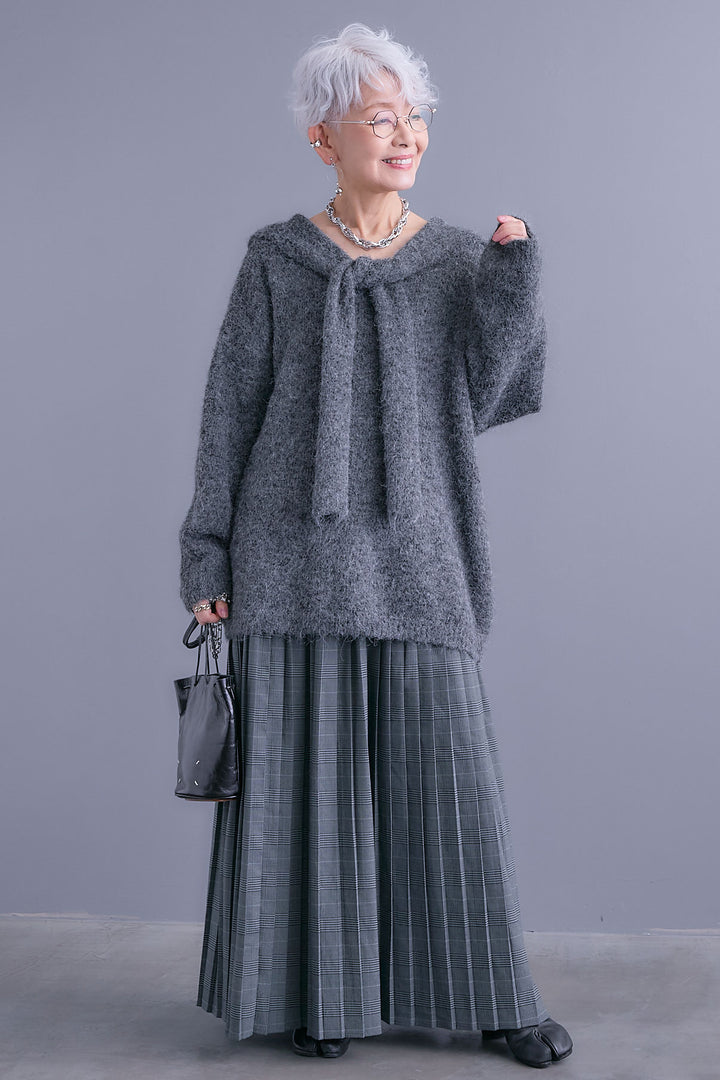 【SET】カーデケープVネックニット+グレンチェックプリーツスカート(2set)