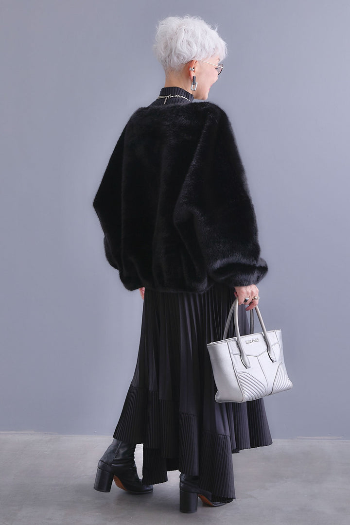 【SET】ボリュームスリーブハイネックリラクシーニット+ノーカラーラウンドシルエットファーコート+アシンメトリープリーツスカート(3set)