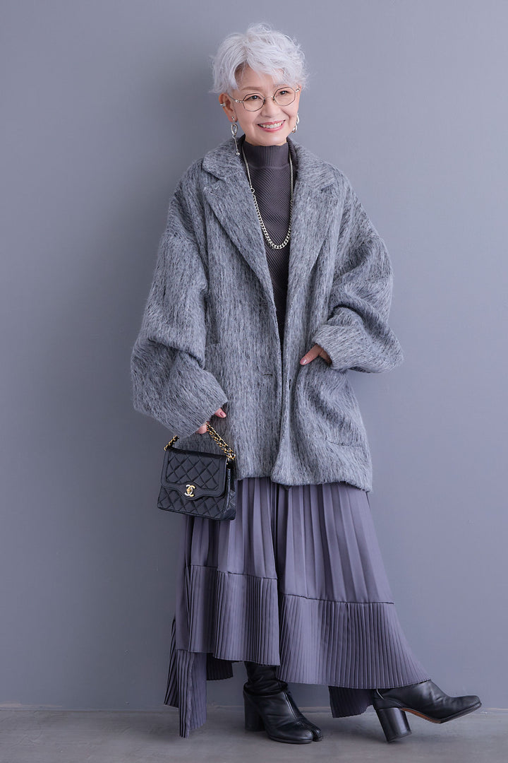 【SET】アシンメトリーオーバーニット+シャギーテーラードコート+アシンメトリープリーツスカート(3set)