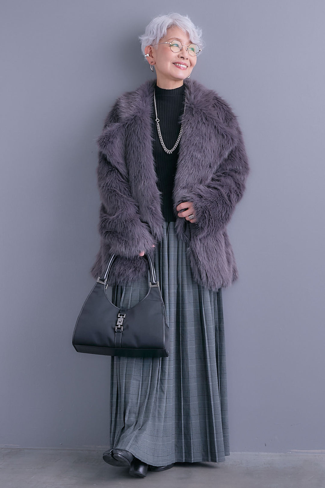 【SET】テーラードカラーファーコート+グレンチェックプリーツスカート(2set)