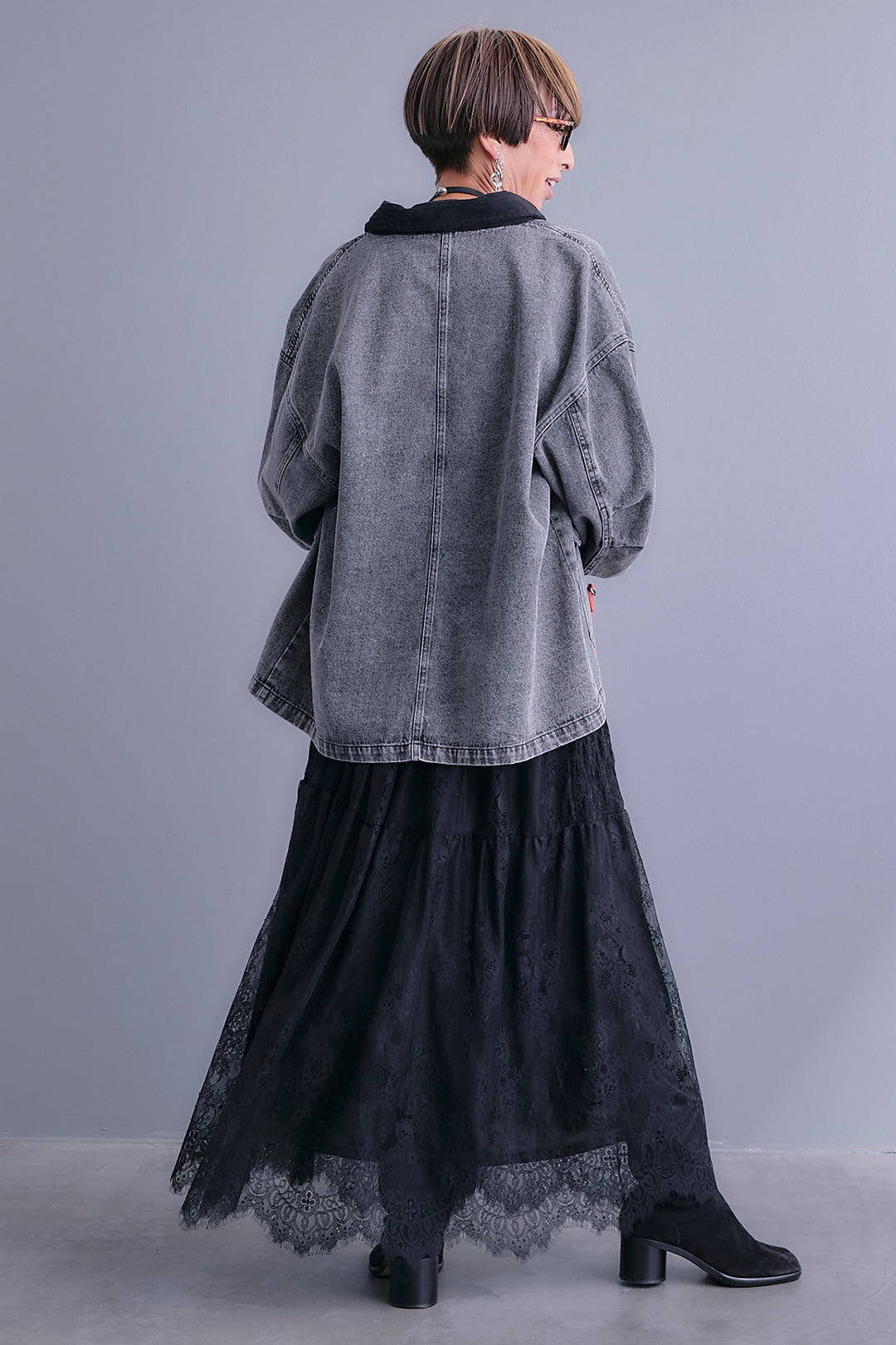 【SET】コーデュロイカラー10ozデニムジャケット+アシンメトリーロンT+アイラッシュレースロングスカート(3set)
