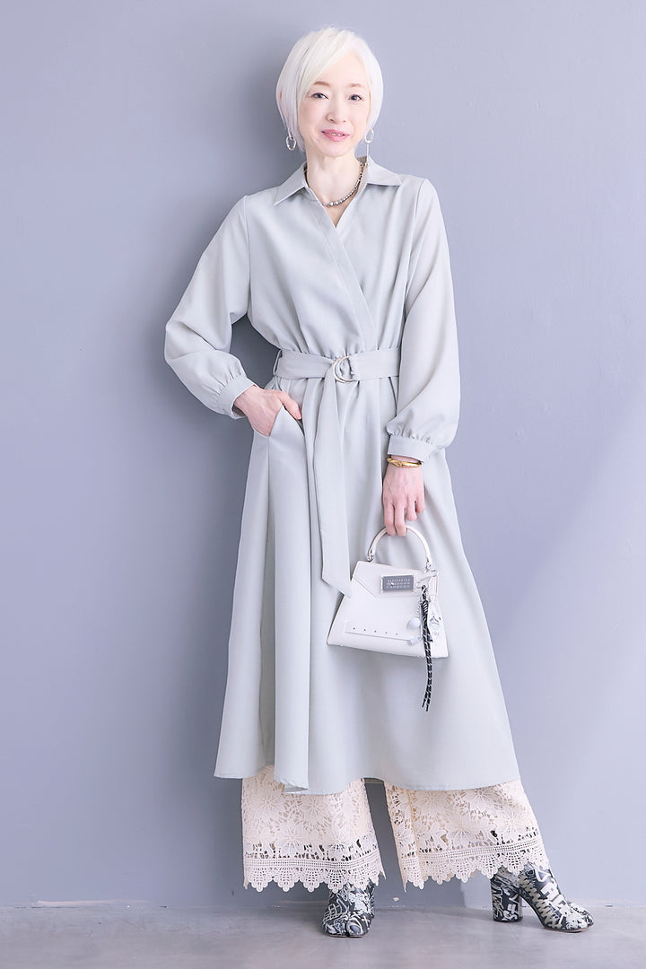 【SET】スキッパーカシュクールシャツワンピース+ケミカルレースパンツ(2set)