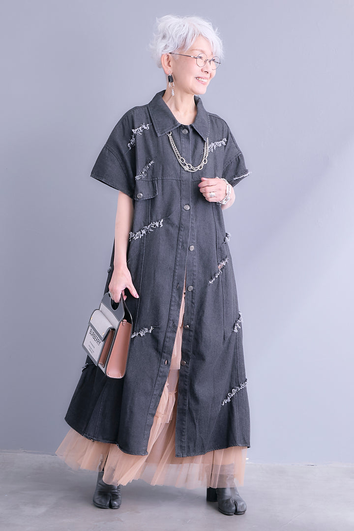【SET】ダメージデニムシャツワンピース+タッセルチュールティアードスカート(2set)