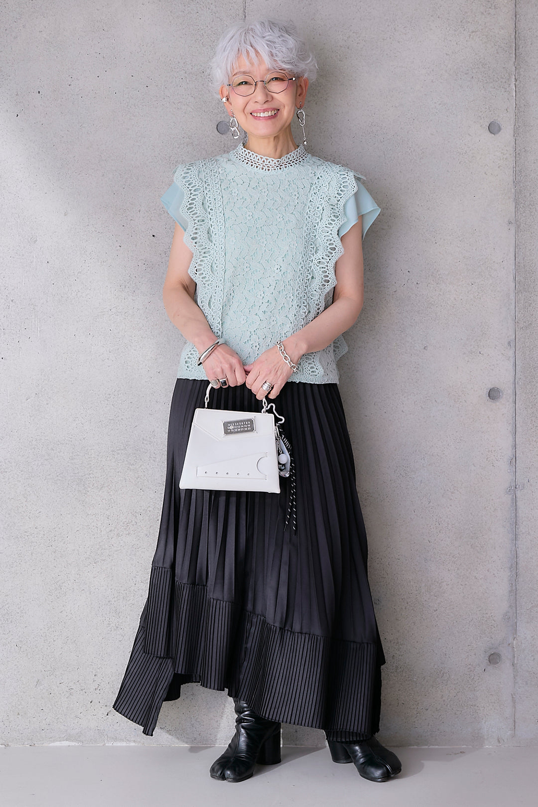 【SET】接触冷感スタンドカラーフレンチスリーブレースブラウス+アシンメトリープリーツスカート(2set)