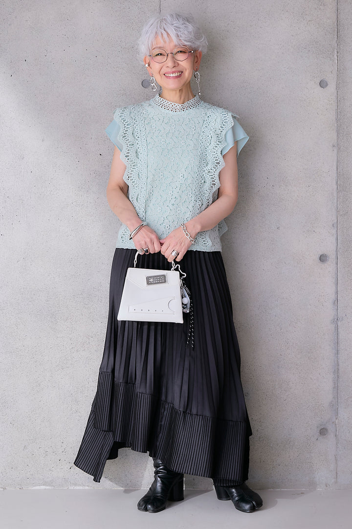 【SET】接触冷感スタンドカラーフレンチスリーブレースブラウス+アシンメトリープリーツスカート(2set)