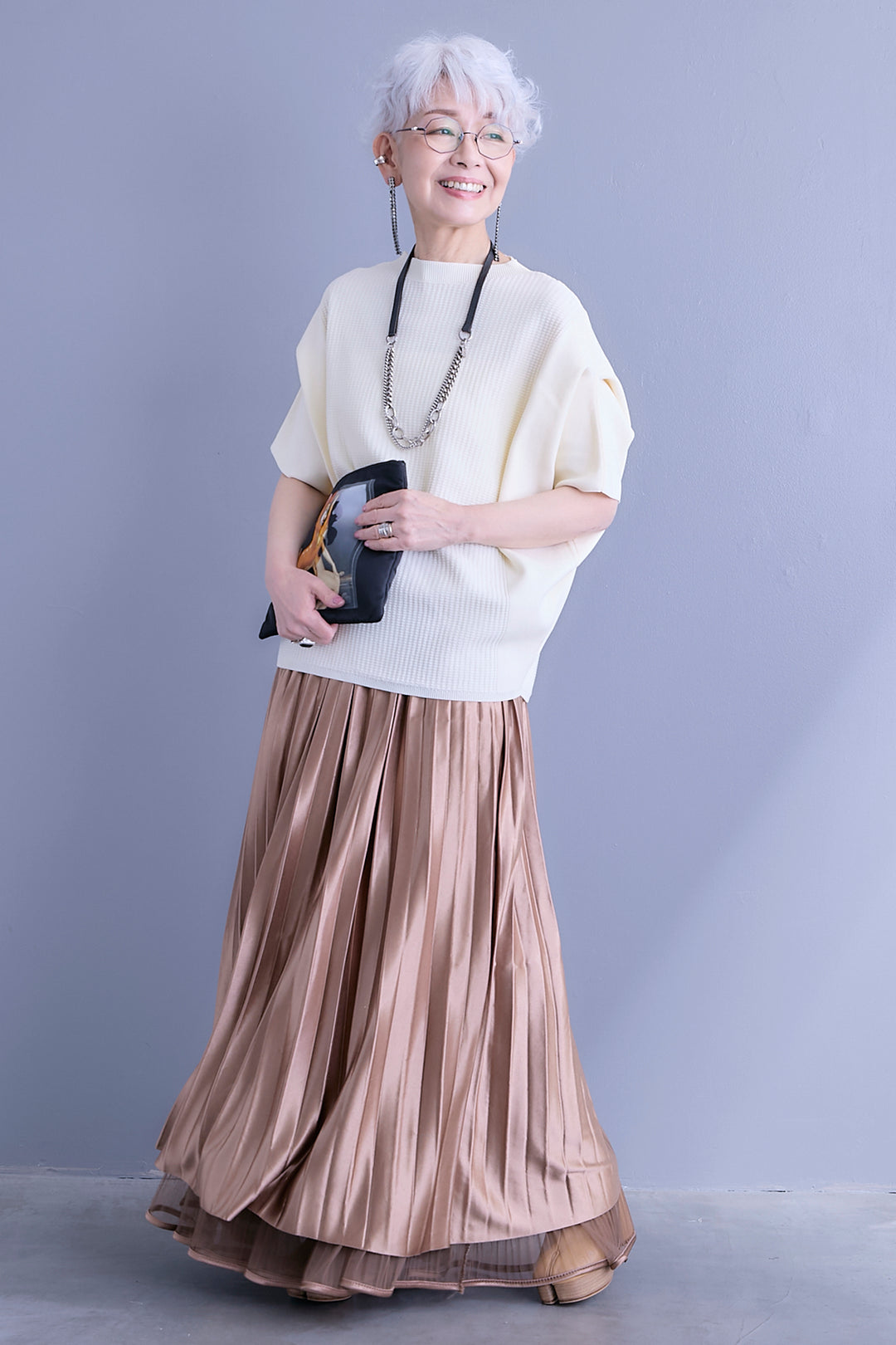 【SET】アップスリーブニットプルオーバー+2WAYラメサテンプリーツ×シアーティアードチュールスカート(2set)