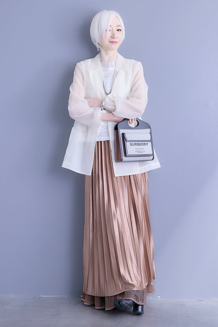 【SET】シアーポプリンダブルテーラードジャケット+ウェーブモチーフスタンドネックブラウス+2WAYラメサテンプリーツ×シアーティアードチュールスカート(3set)