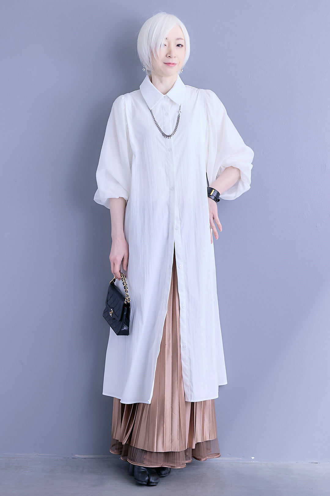 【SET】バルーンスリーブシャツワンピース+2WAYラメサテンプリーツ×シアーティアードチュールスカート(2set)