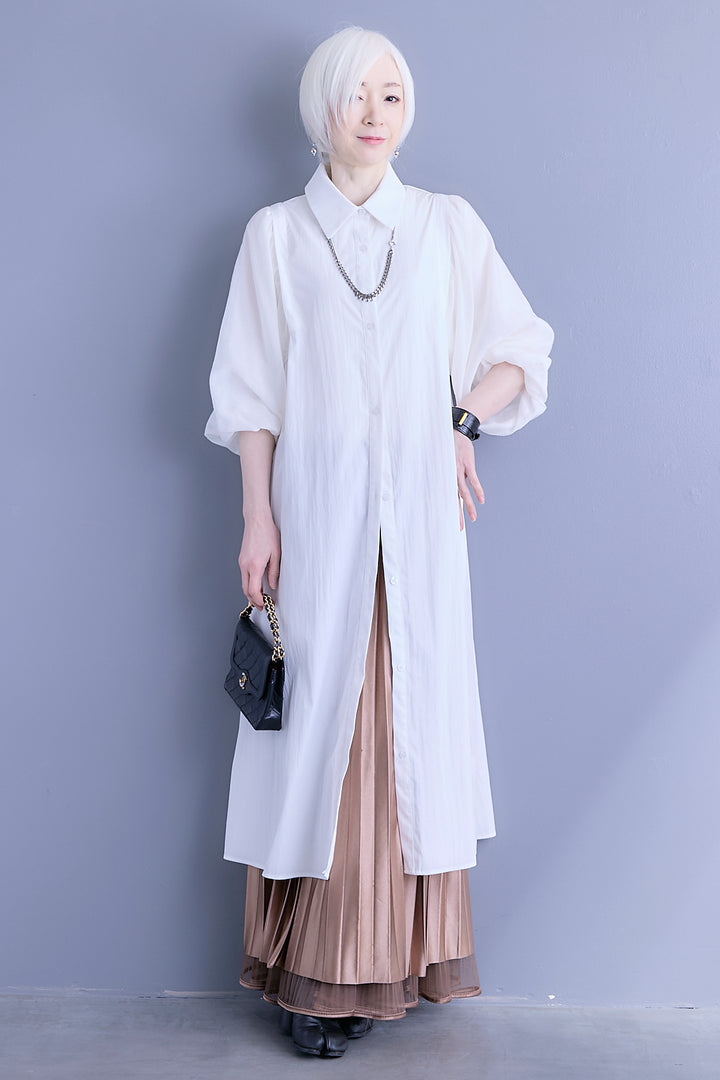【SET】バルーンスリーブシャツワンピース+2WAYラメサテンプリーツ×シアーティアードチュールスカート(2set)