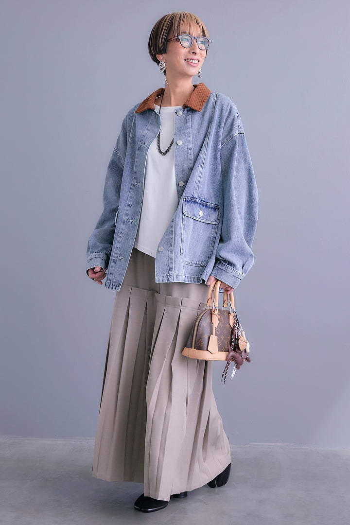 【SET】コーデュロイカラー10ozデニムジャケット+アシンメトリーロンT+ボックスプリーツロングスカート(3set)