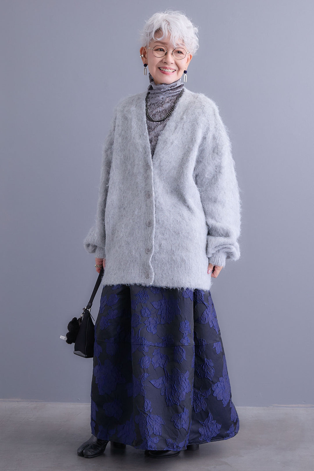 【SET】クラッシュベロアハイネックシアートップス+シャギーVネックニットカーディガン+ジャガードフラワースカート(3set)