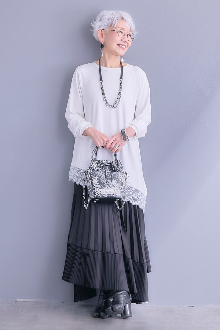【SET】ヘムレースアシメロンT+アシンメトリープリーツスカート(2set)