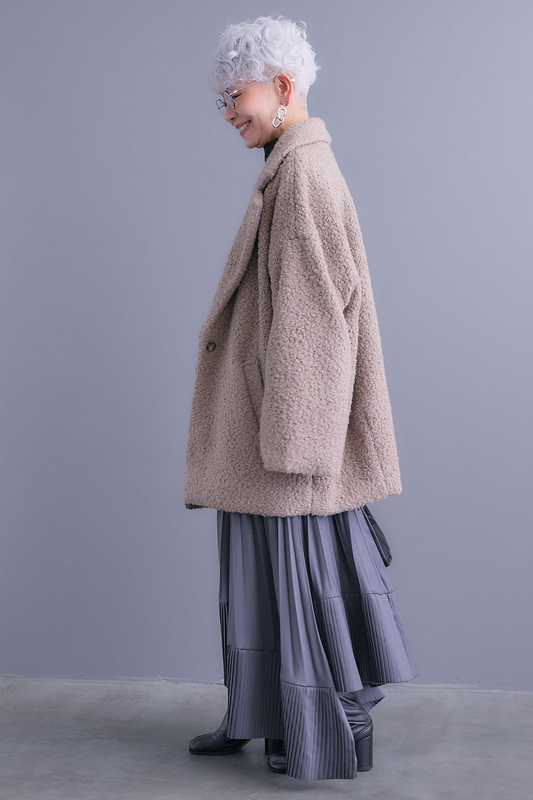 【SET】アシンメトリーオーバーニット+ブークレーテーラードコート+アシンメトリープリーツスカート(3set)