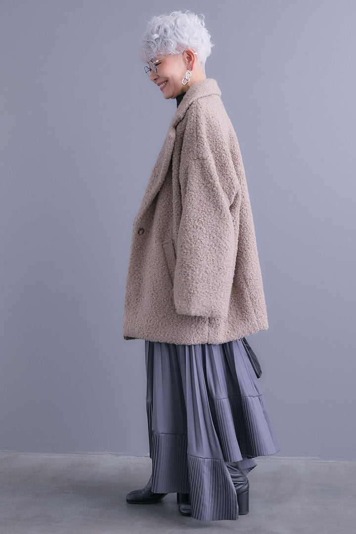 【SET】アシンメトリーオーバーニット+ブークレーテーラードコート+アシンメトリープリーツスカート(3set)