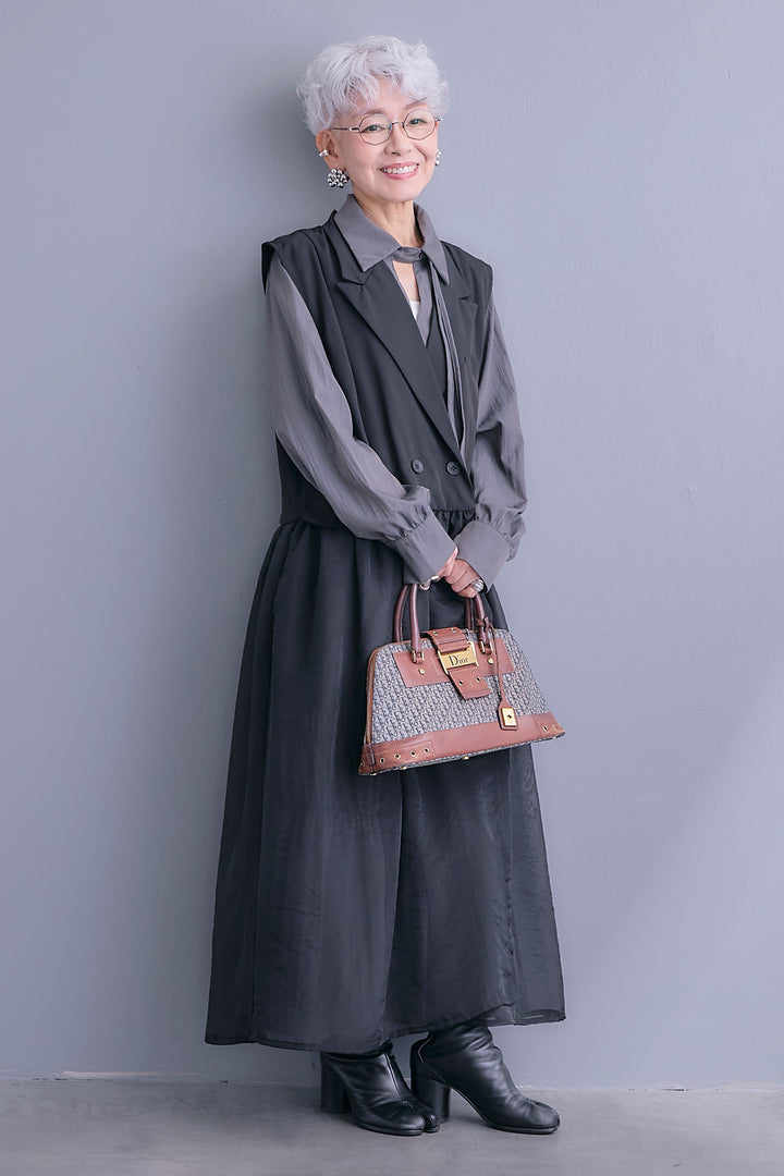 【SET】シアーオーガンジージャケットベスト+コードキーネックシャーリングデザインワンピース(2set)